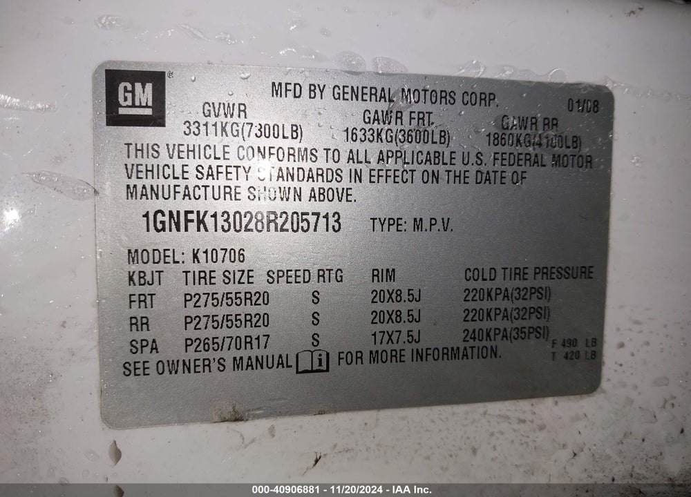 2008 CHEVROLET TAHOE LTZ VIN: 1GNFK13028R205713