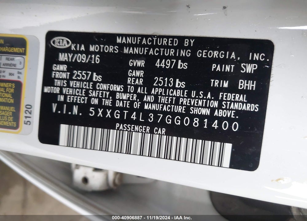 2016 KIA OPTIMA LX VIN: 5XXGT4L37GG081400