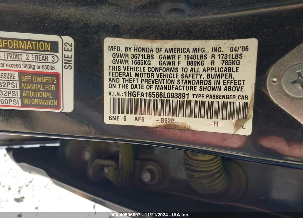 2006 HONDA CIVIC LX VIN: 1HGFA16566L093891