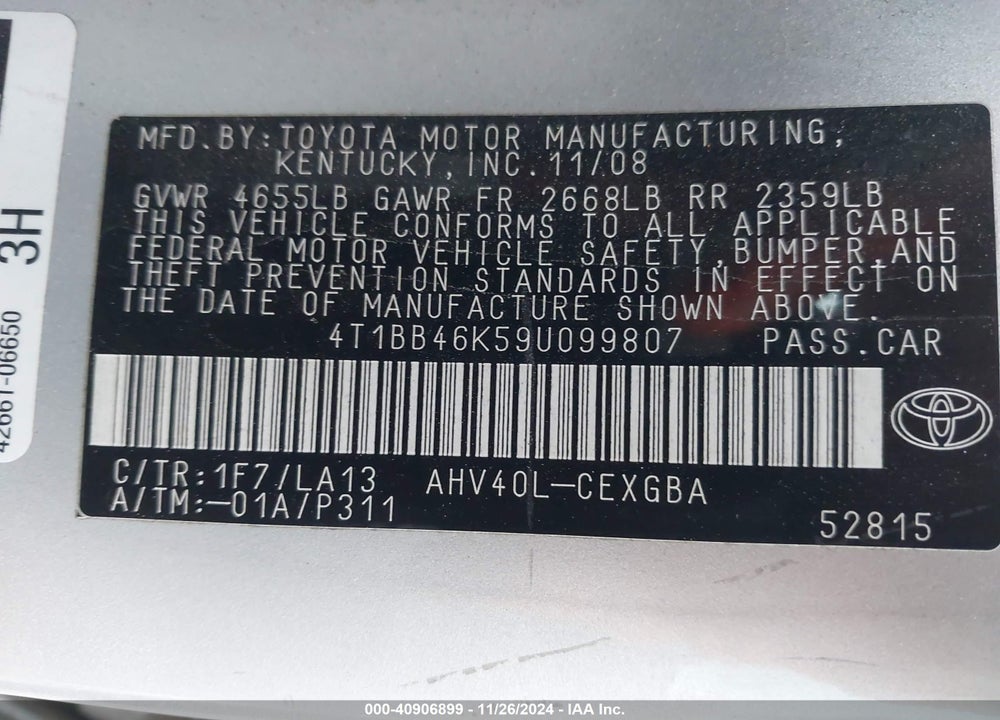 2009 TOYOTA CAMRY HYBRID VIN: 4T1BB46K59U099807