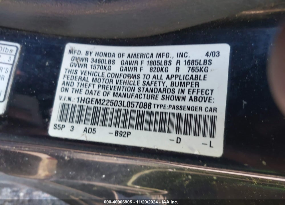2003 HONDA CIVIC LX VIN: 1HGEM22503L057088