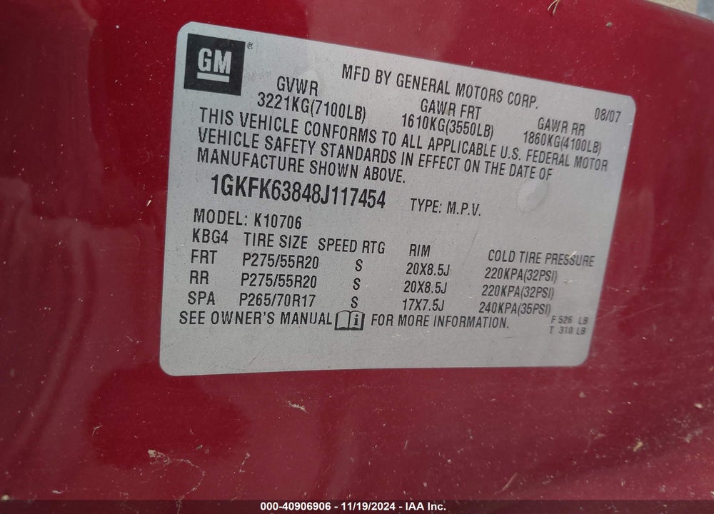 2008 GMC YUKON DENALI VIN: 1GKFK63848J117454