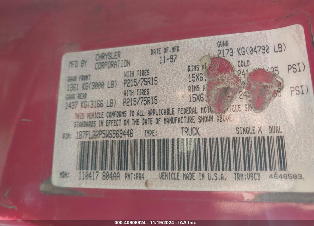 1998 DODGE DAKOTA SLT/SPORT VIN: 1B7FL22P5WS569446
