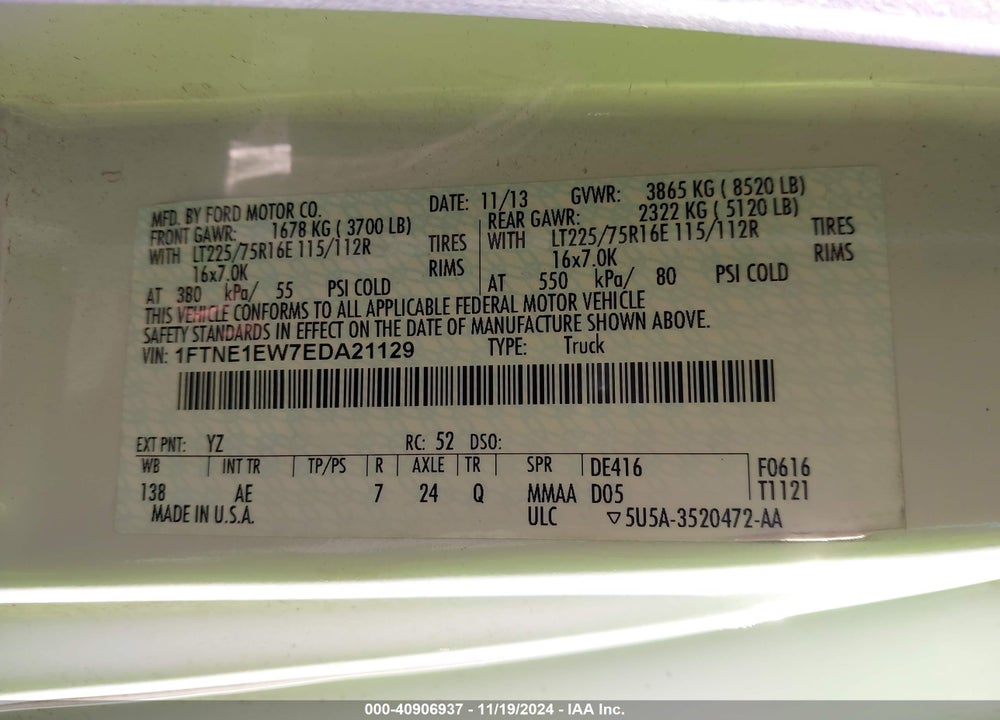 2014 FORD E-150 COMMERCIAL VIN: 1FTNE1EW7EDA21129