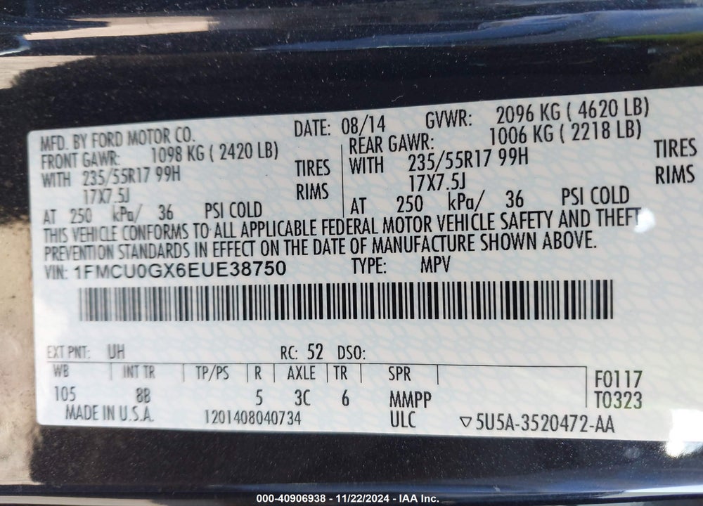 2014 FORD ESCAPE SE VIN: 1FMCU0GX6EUE38750
