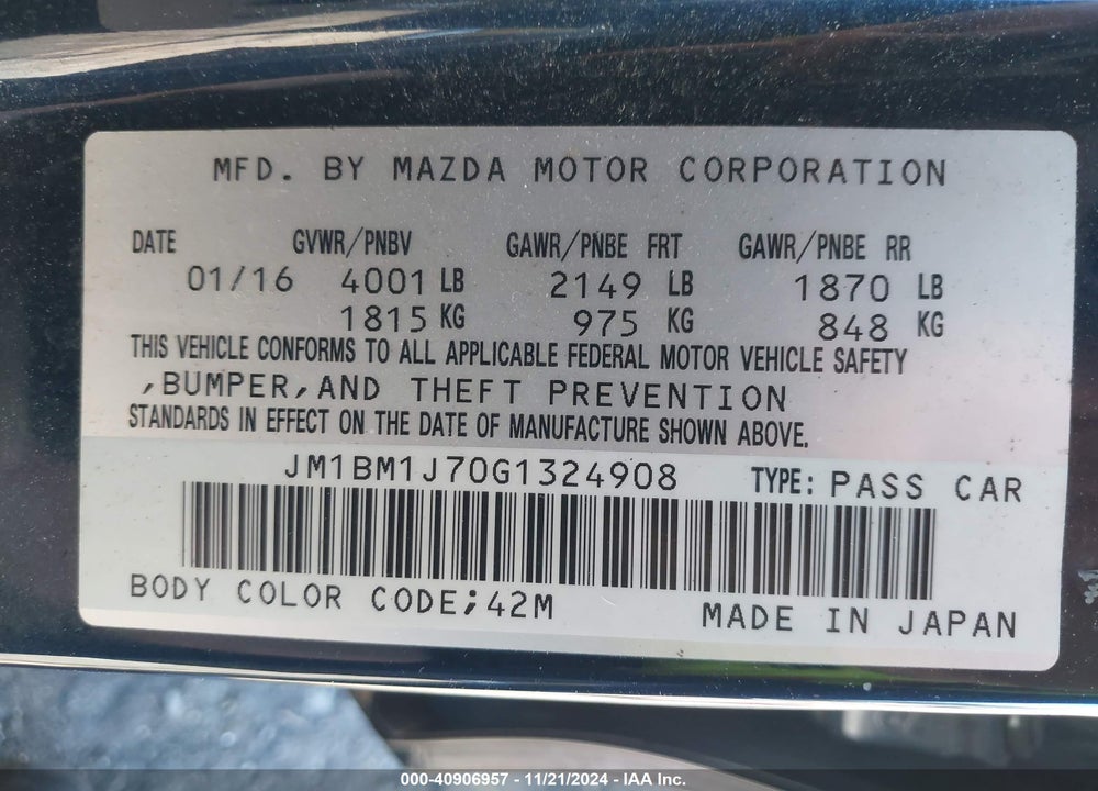 2016 MAZDA 3 I SPORT VIN: JM1BM1J70G1324908