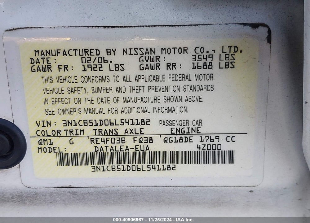 2006 NISSAN SENTRA 1.8S VIN: 3N1CB51D06L541182