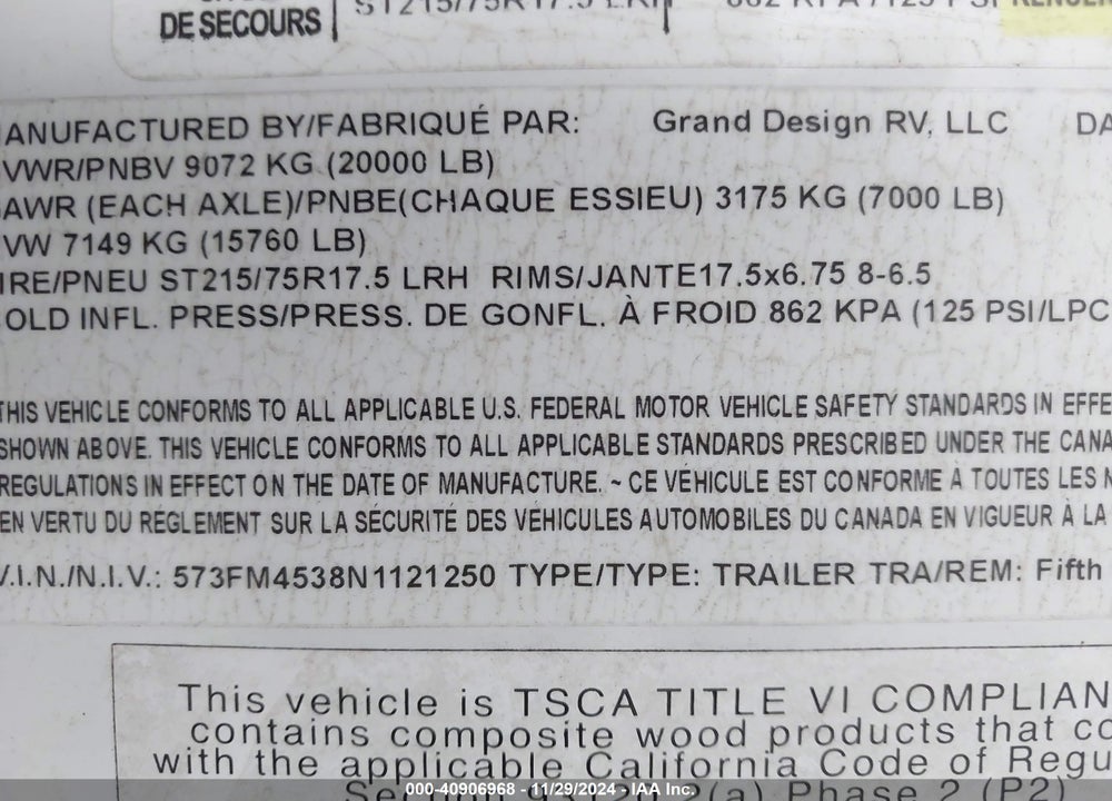 2022 GRAND DESIGN MOMENTUM TRAVEL TRAILER VIN: 573FM4538N1121250