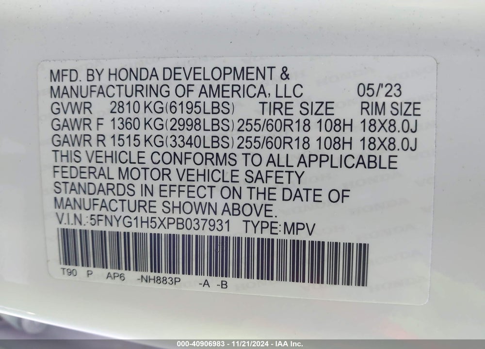 2023 HONDA PILOT VIN: 5FNYG1H5XPB037931