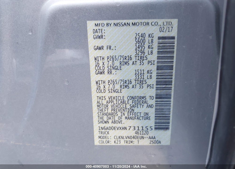 2017 NISSAN FRONTIER PRO-4X VIN: 1N6AD0EVXHN731155