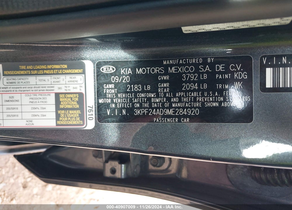 2021 KIA FORTE LXS VIN: 3KPF24AD9ME284920