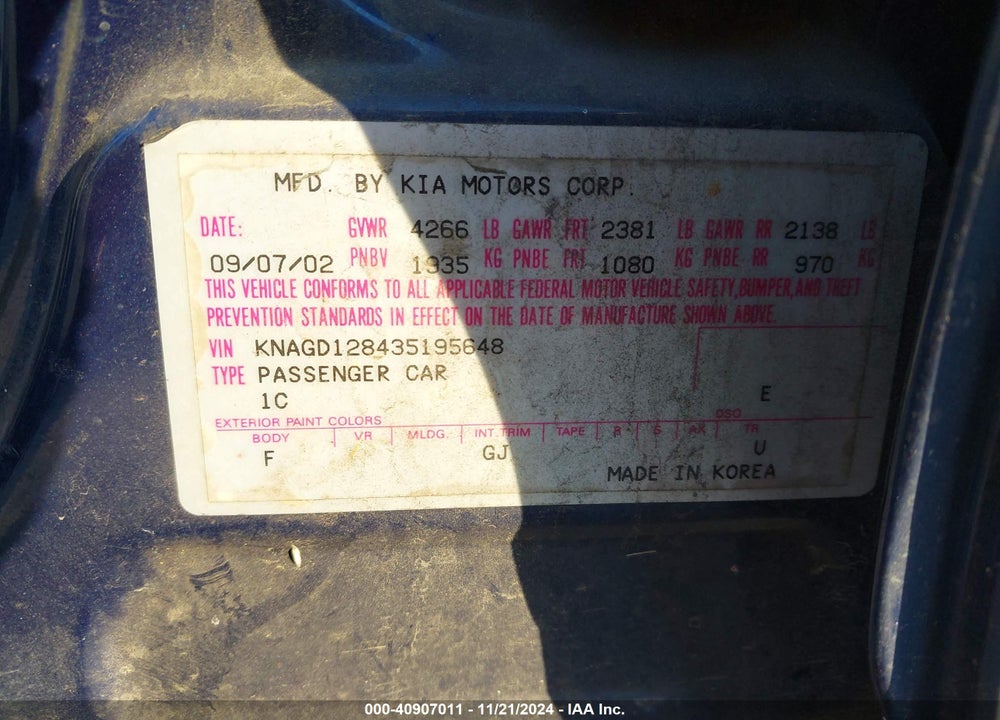2003 KIA OPTIMA LX V6/SE V6 VIN: KNAGD128435195648