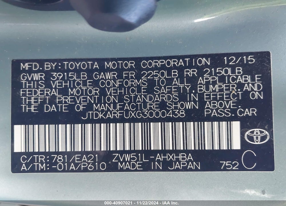 2016 TOYOTA PRIUS THREE TOURING VIN: JTDKARFUXG3000438