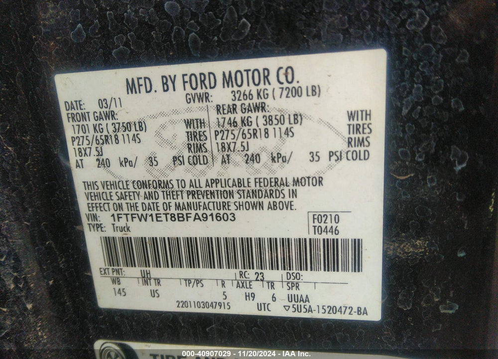 2011 FORD F-150 XLT VIN: 1FTFW1ET8BFA91603