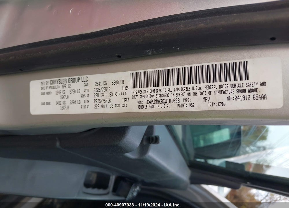 2012 JEEP LIBERTY SPORT VIN: 1C4PJMAK8CW181028