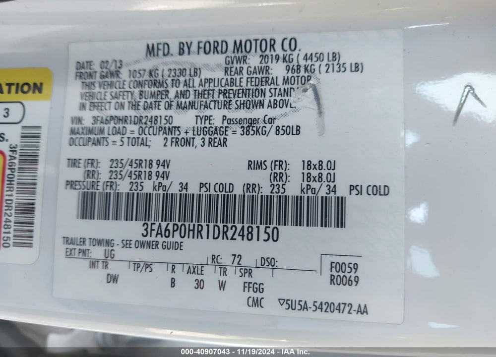 2013 FORD FUSION VIN: 3FA6P0HR1DR248150