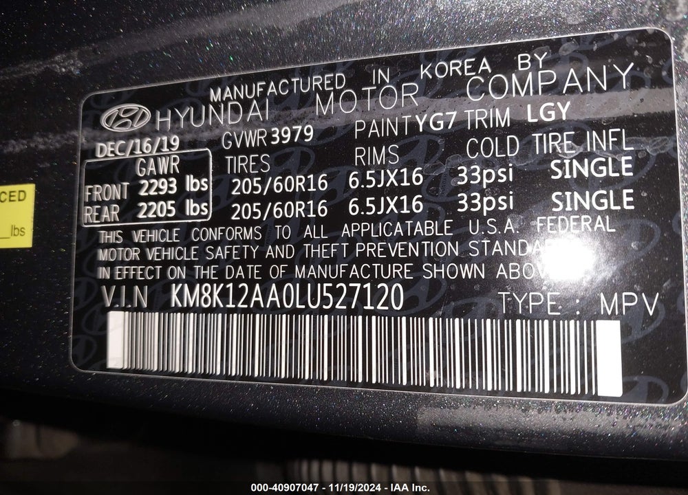 2020 HYUNDAI KONA SE VIN: KM8K12AA0LU527120