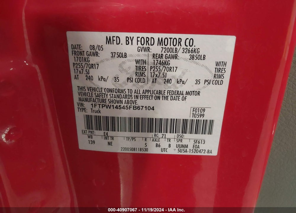 2005 FORD F-150 VIN: 1FTPW14545FB67104