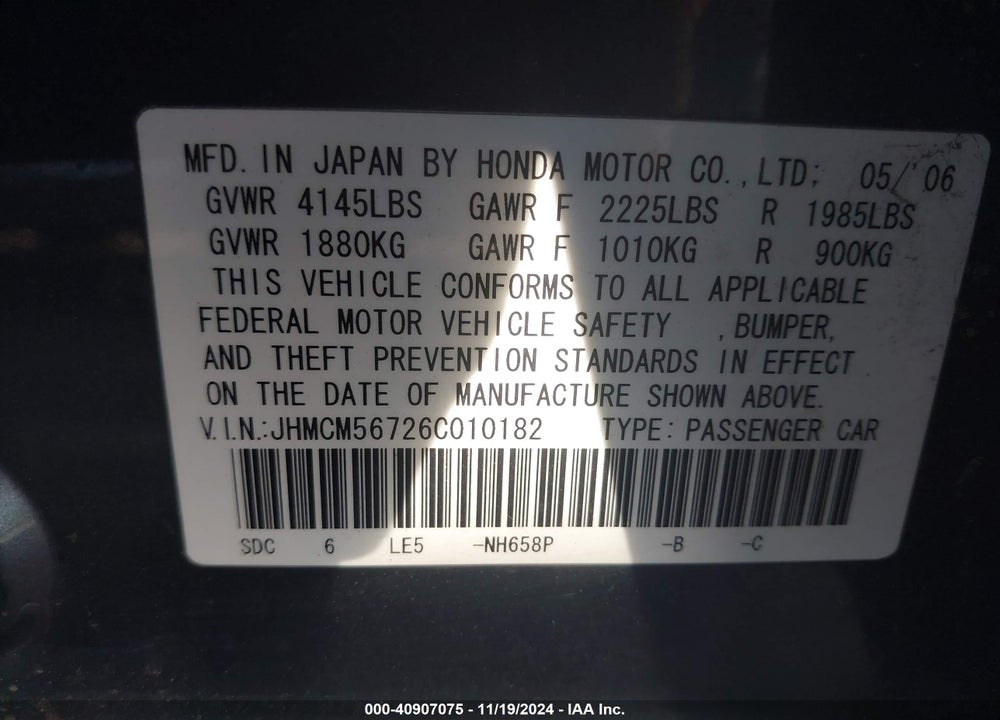 2006 HONDA ACCORD 2.4 EX VIN: JHMCM56726C010182