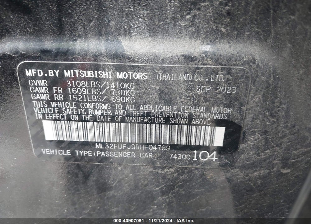 2024 MITSUBISHI MIRAGE VIN: ML32FUFJ9RHF04789
