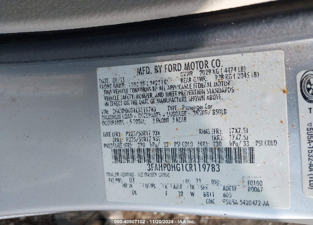 2012 FORD FUSION SE VIN: 3FAHP0HG1CR119783