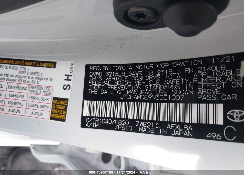 2022 TOYOTA COROLLA HYBRID LE VIN: JTDEAMDE9N3001007