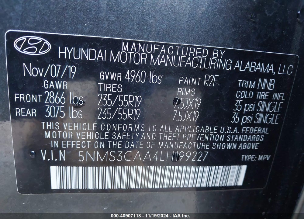 2020 HYUNDAI SANTA FE SEL 2.0T VIN: 5NMS3CAA4LH199227