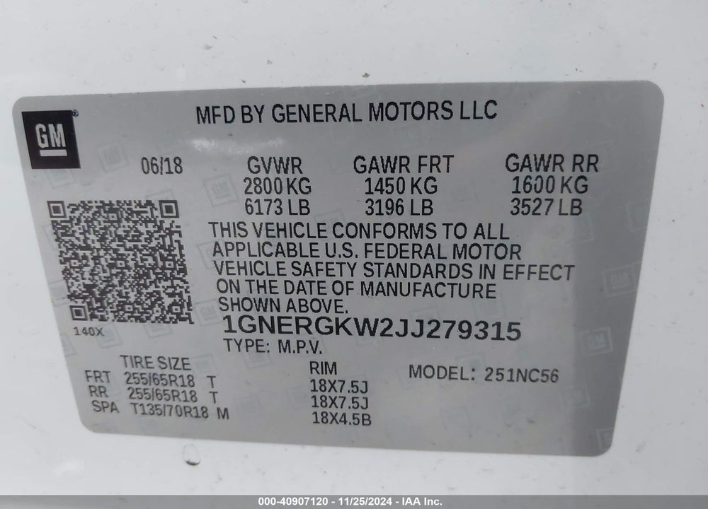 2018 CHEVROLET TRAVERSE 1LT VIN: 1GNERGKW2JJ279315