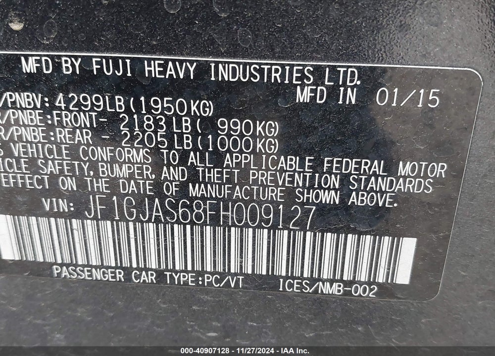 2015 SUBARU IMPREZA 2.0I LIMITED VIN: JF1GJAS68FH009127