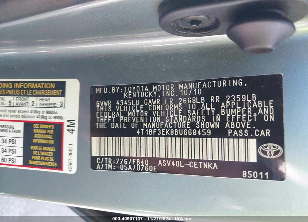 2011 TOYOTA CAMRY LE VIN: 4T1BF3EK8BU668459
