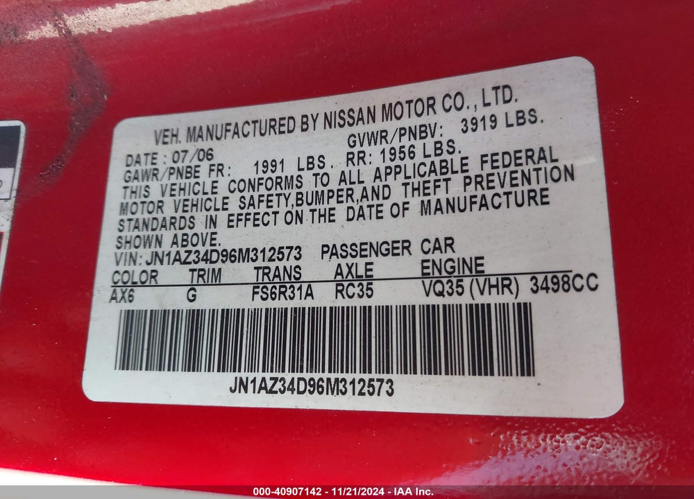 2006 NISSAN 350Z VIN: JN1AZ34D96M312573
