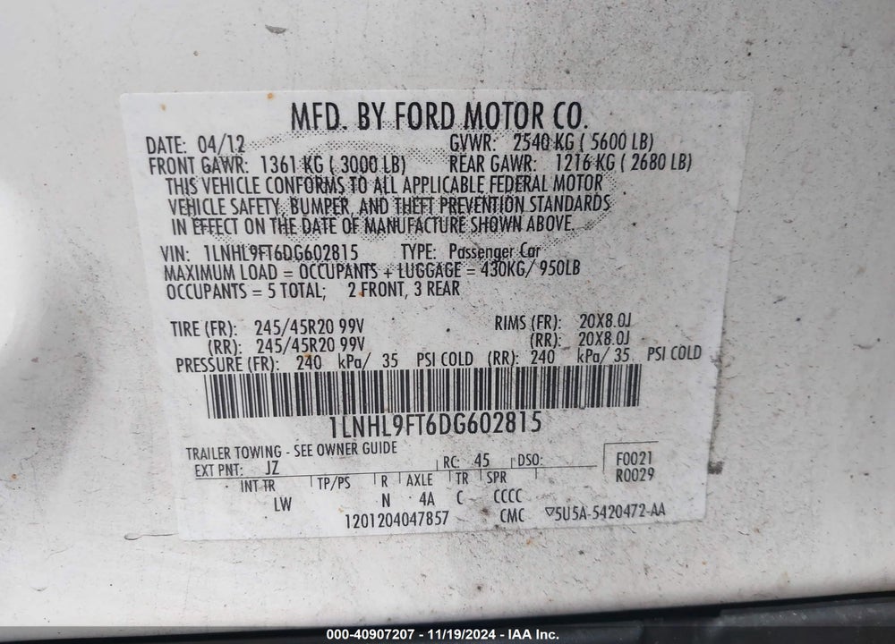 2013 LINCOLN MKS ECOBOOST VIN: 1LNHL9FT6DG602815