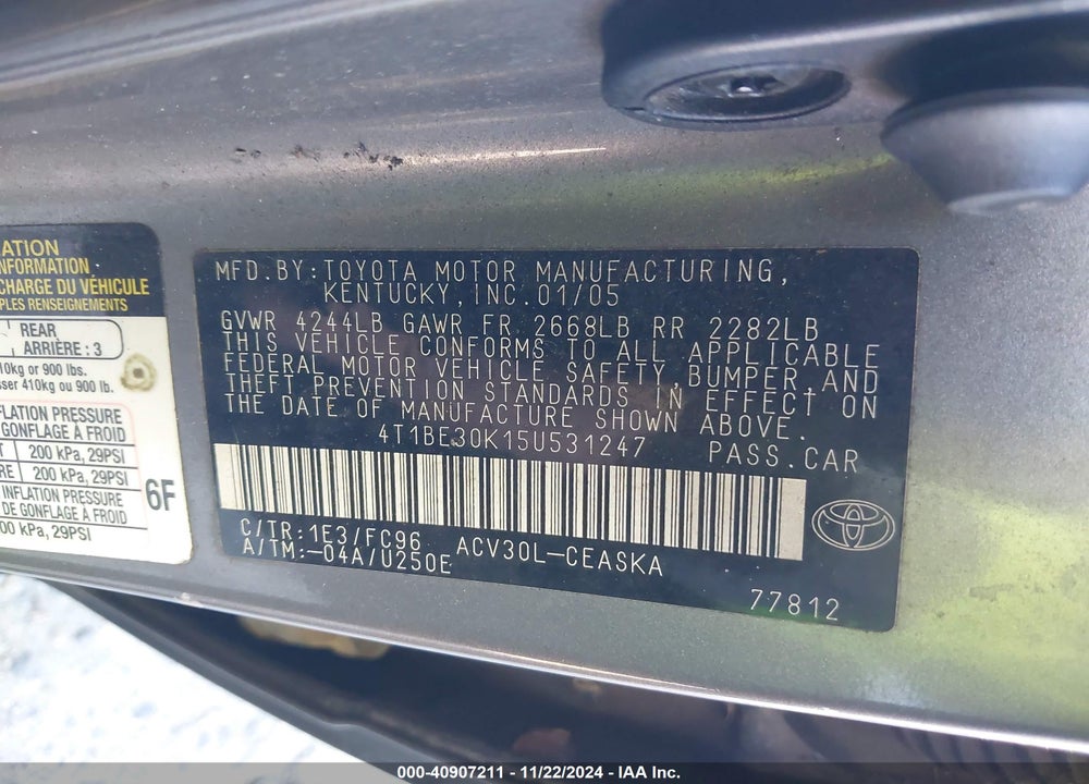 2005 TOYOTA CAMRY SE VIN: 4T1BE30K15U531247