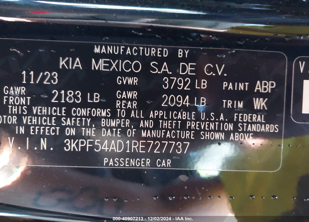 2024 KIA FORTE VIN: 3KPF54AD1RE727737