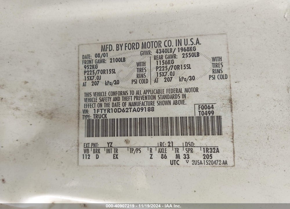 2002 FORD RANGER XL/XLT VIN: 1FTYR10D62TA09188