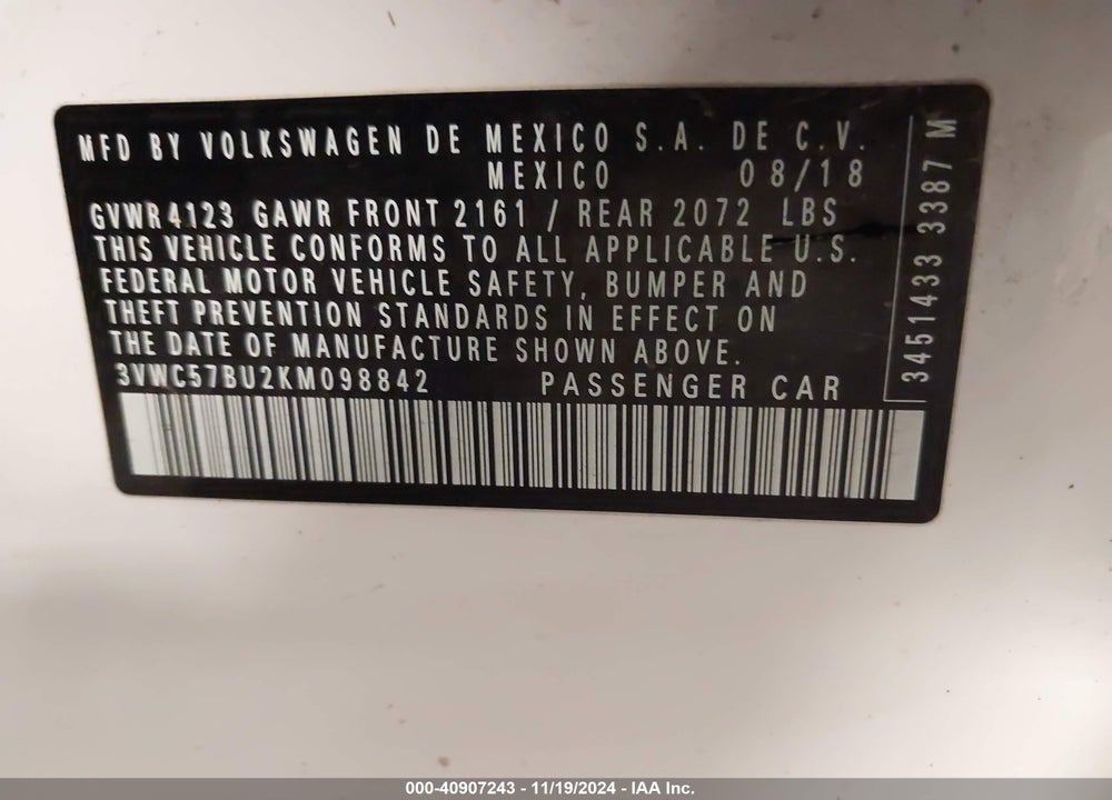 2019 VOLKSWAGEN JETTA 1.4T R-LINE/1.4T S/1.4T SE VIN: 3VWC57BU2KM098842