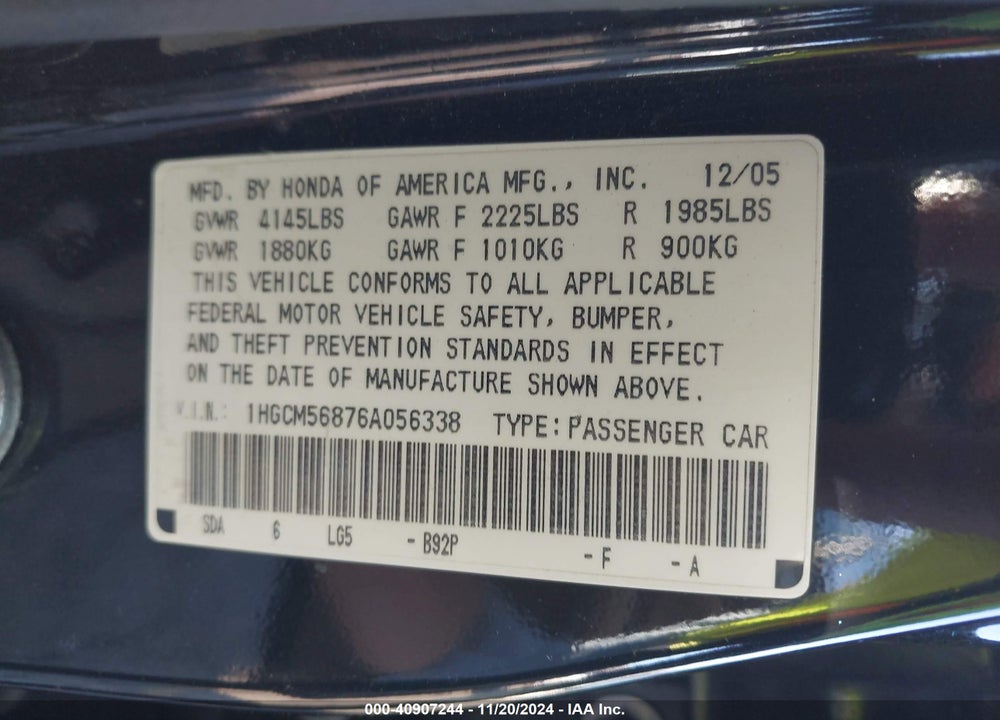 2006 HONDA ACCORD 2.4 EX VIN: 1HGCM56876A056338