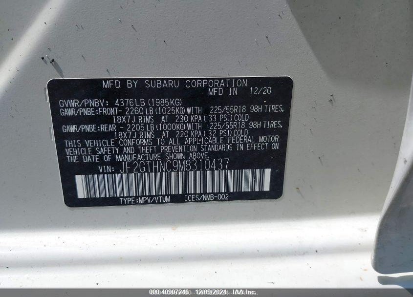 2021 SUBARU CROSSTREK LIMITED VIN: JF2GTHNC9M8310437