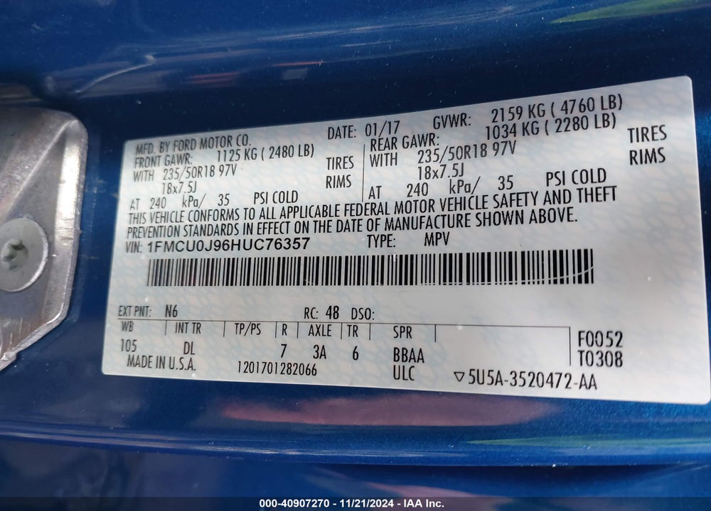 2017 FORD ESCAPE TITANIUM VIN: 1FMCU0J96HUC76357