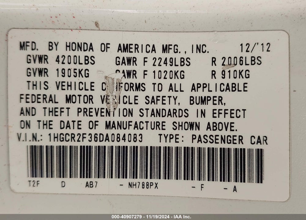 2013 HONDA ACCORD LX VIN: 1HGCR2F36DA084083