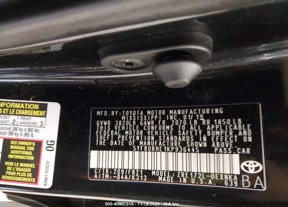 2019 TOYOTA COROLLA LE VIN: 5YFBURHE1KP936445