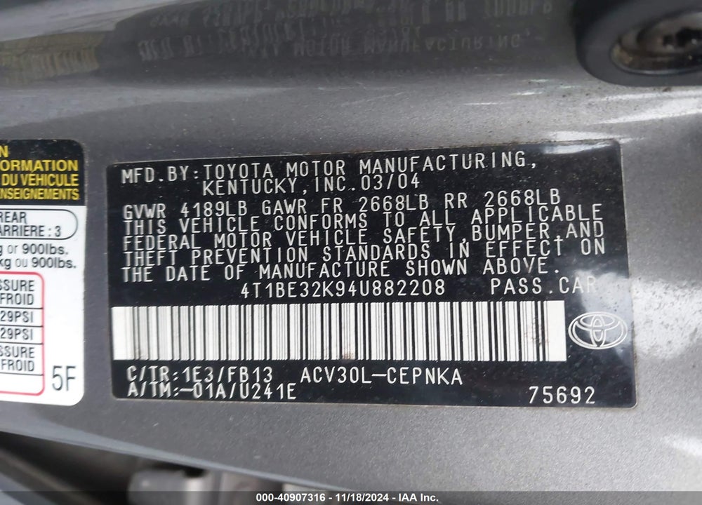 2004 TOYOTA CAMRY LE VIN: 4T1BE32K94U882208