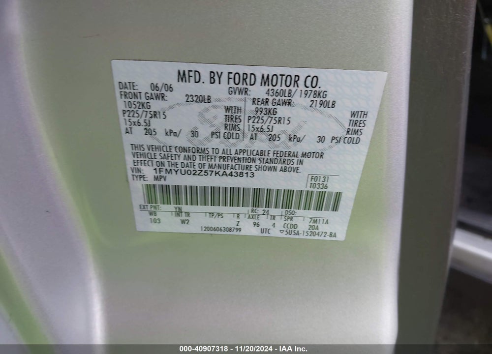 2007 FORD ESCAPE XLS/XLS MANUAL VIN: 1FMYU02Z57KA43813
