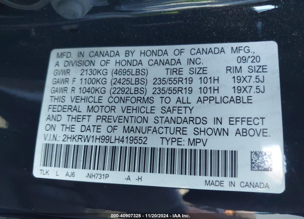2020 HONDA CR-V 2WD TOURING VIN: 2HKRW1H99LH419552