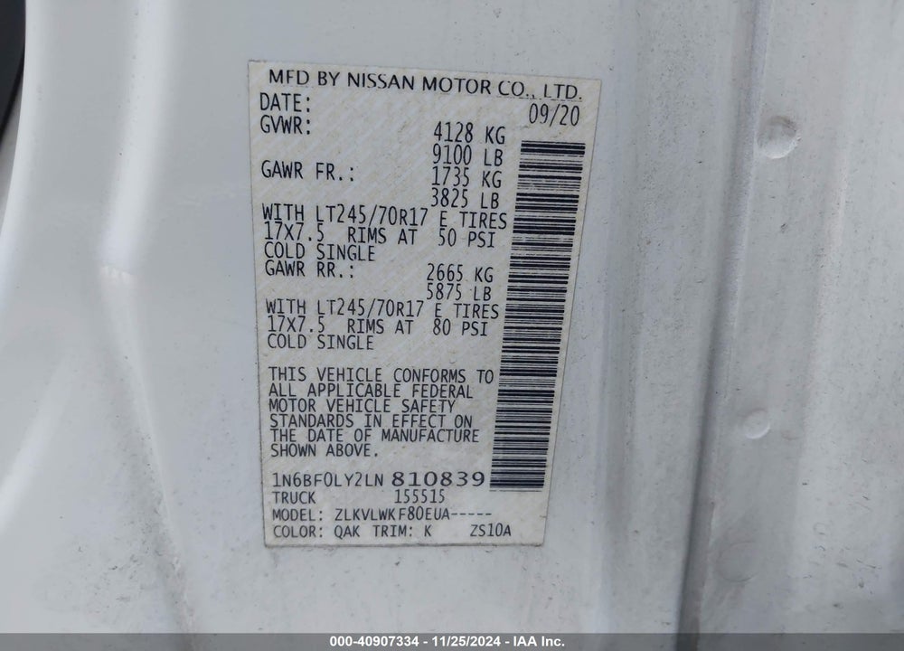 2020 NISSAN NV CARGO NV2500 HD S HIGH ROOF V6 VIN: 1N6BF0LY2LN810839