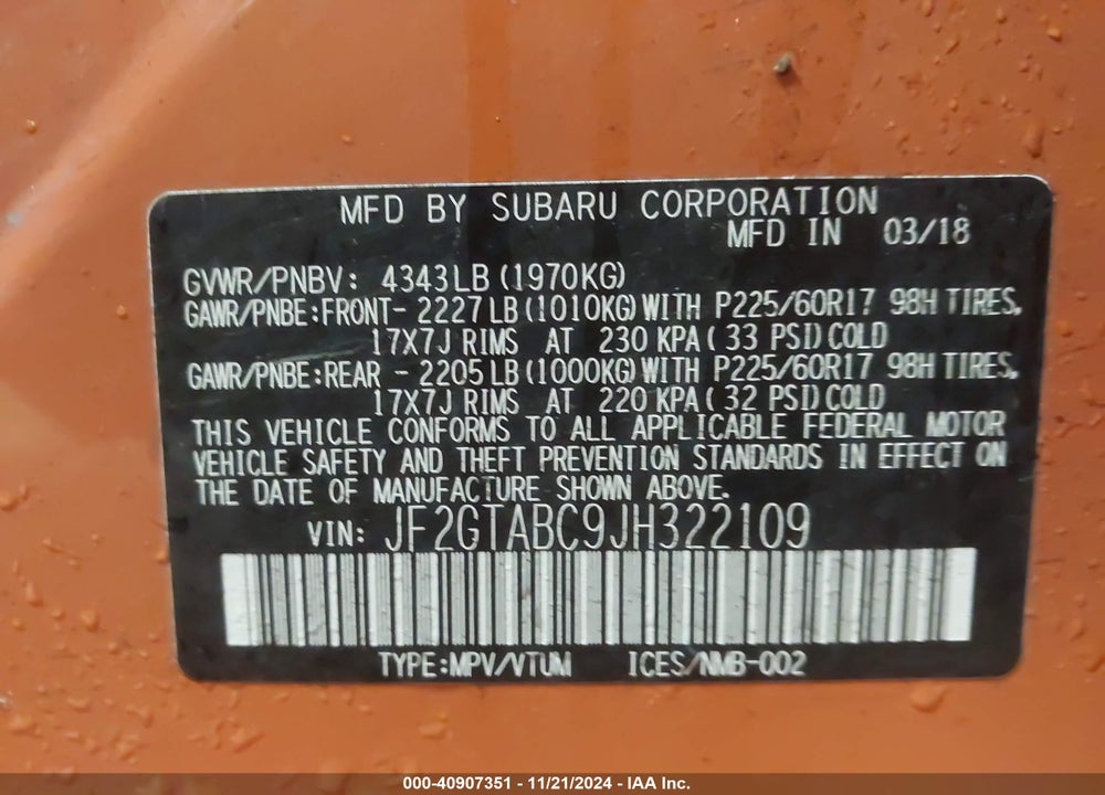 2018 SUBARU CROSSTREK 2.0I PREMIUM VIN: JF2GTABC9JH322109