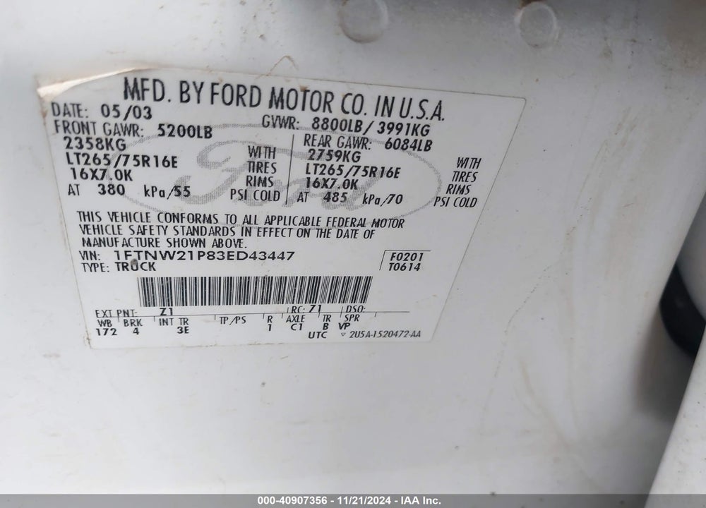 2003 FORD F-250 LARIAT/XL/XLT VIN: 1FTNW21P83ED43447