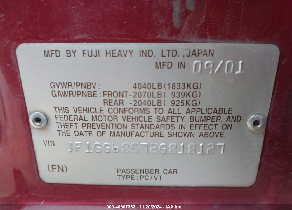 2002 SUBARU IMPREZA OUTBACK SPORT VIN: JF1GG68572G818127