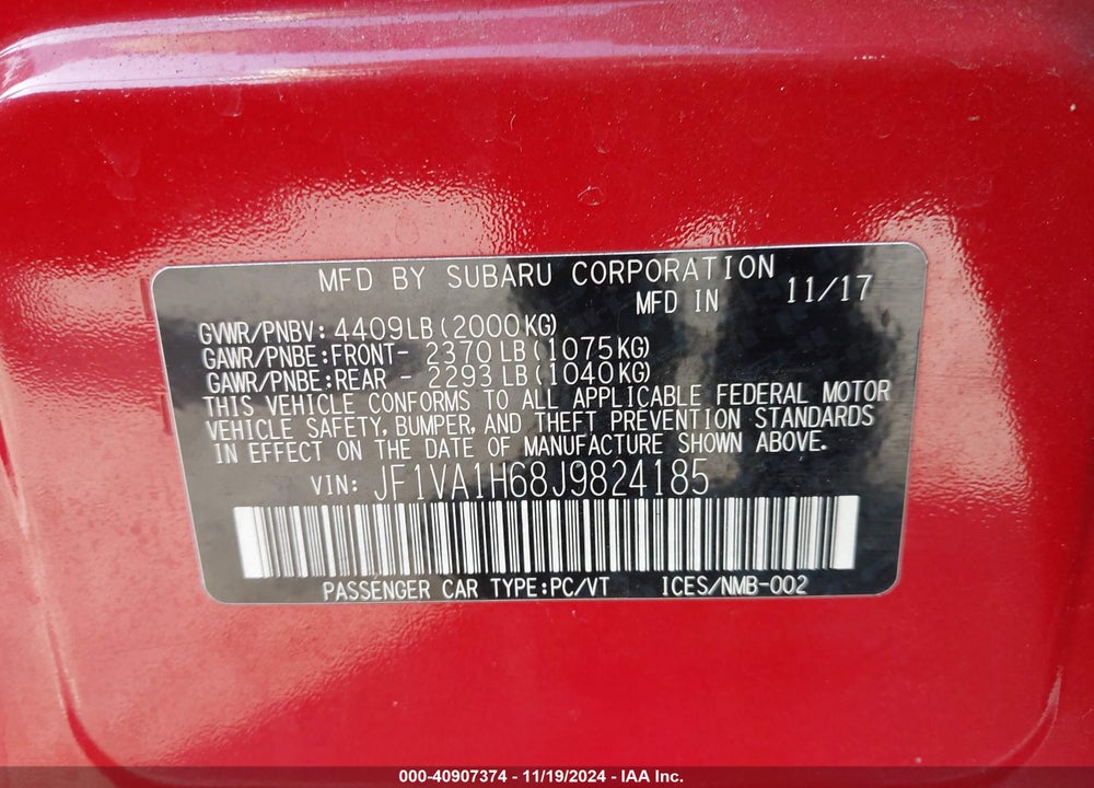 2018 SUBARU WRX LIMITED VIN: JF1VA1H68J9824185