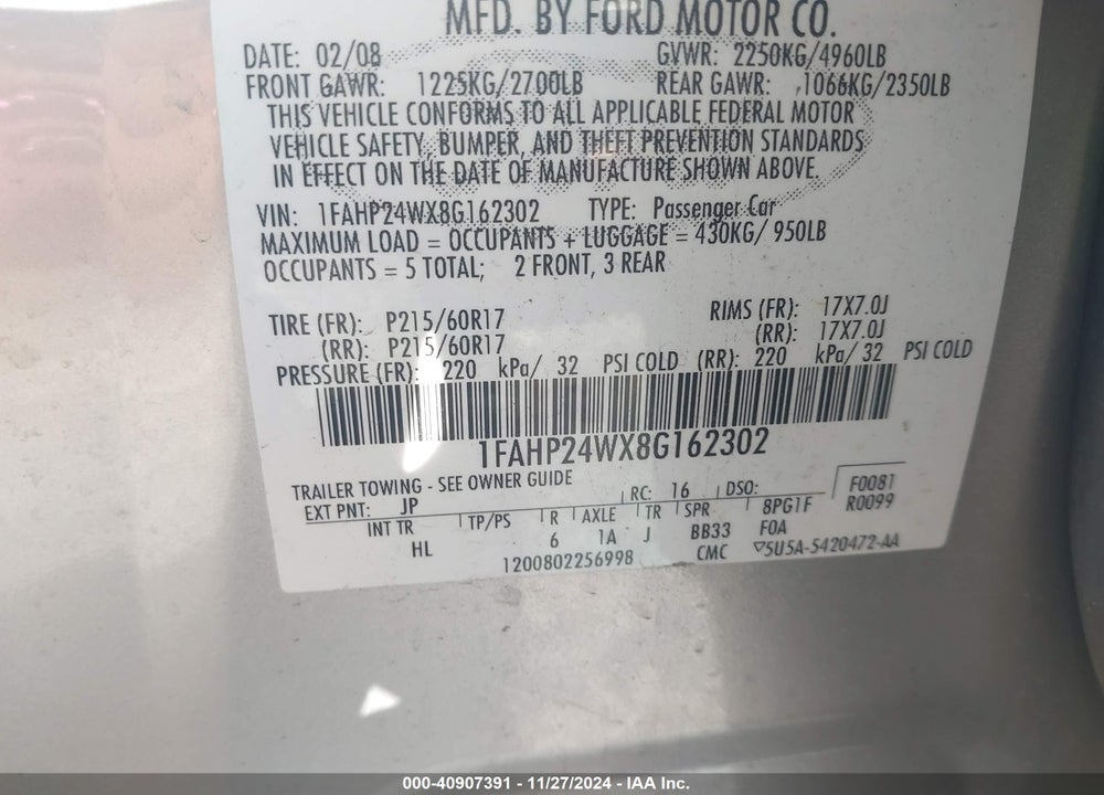 2008 FORD TAURUS SEL VIN: 1FAHP24WX8G162302